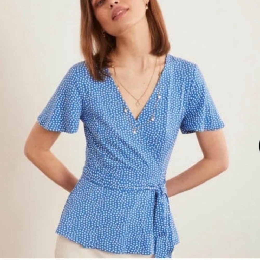 Boden Blue/White Polka Dot Short Sleeve Wrap Top